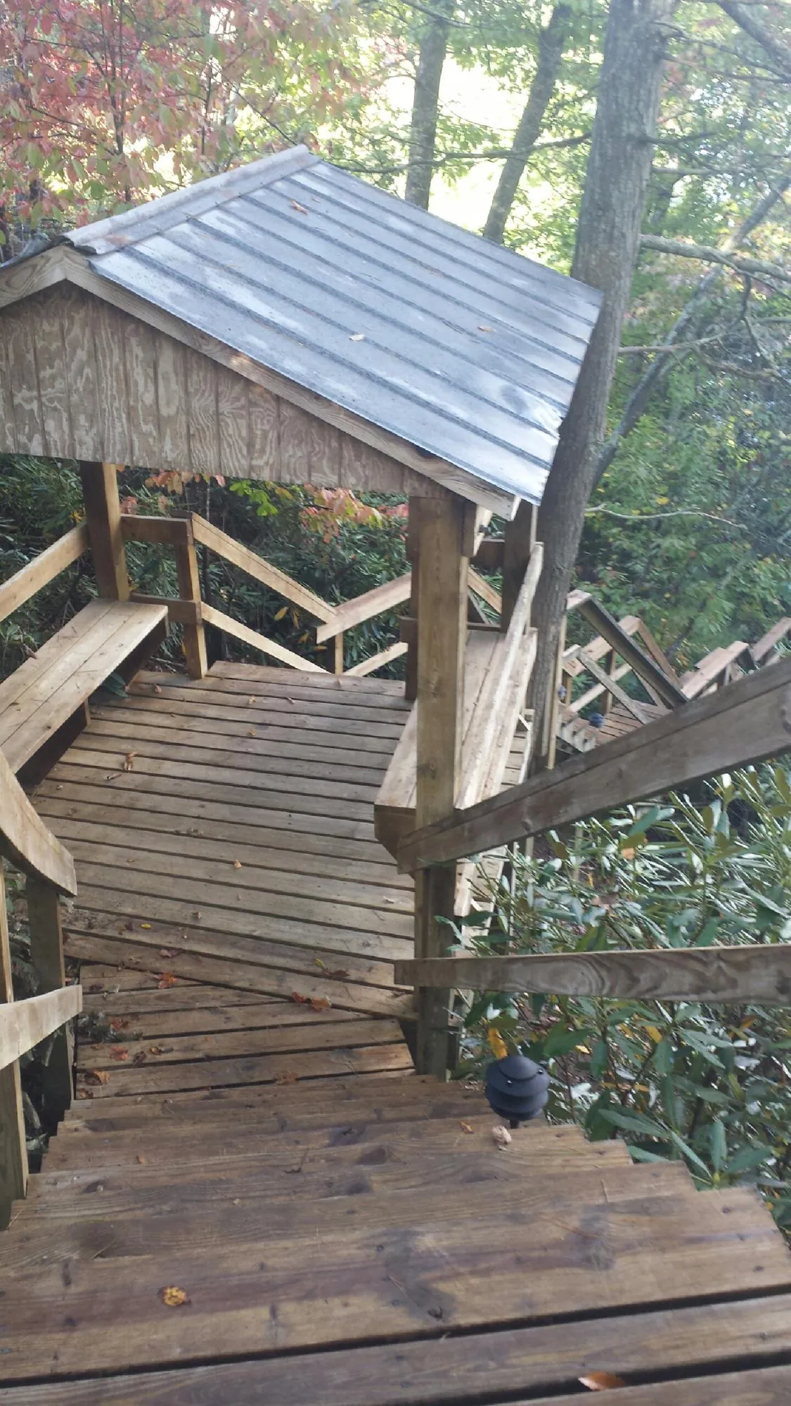 Metal roofed shelter over wooden steps on a wooded walkway — Skylight Repair & Installation work by our crew in Dexter